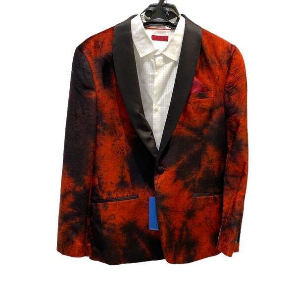 Vince Camuto Powis Satin Shawl Lapel Dinner Jacket In Burnt Red Brule Rouge 42S - Picture 2 of 10